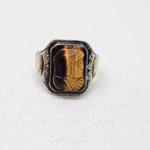 Vtg Sterling Silver 10K Gold Top Carved Tigers Eye Intaglio Soldier Ring Sz 11